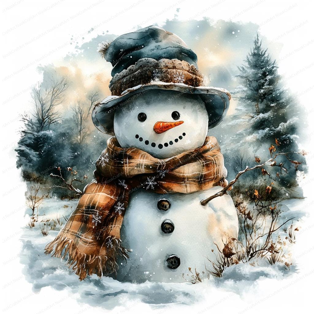 14 Retro Snowman in Winter Landscape Clipart | Cute Snowman