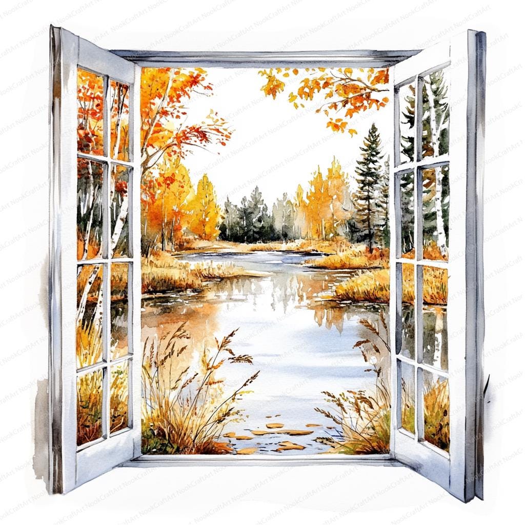 15 窓の秋の景色のクリップアート | 窓枠の秋 | 印刷可能な水彩画の