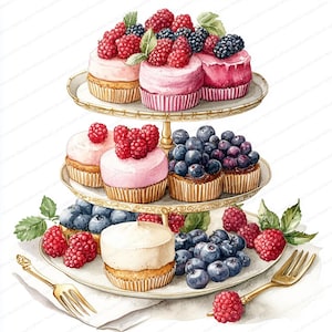 May include: A three-tiered dessert stand with cupcakes topped with fresh berries. The cupcakes have pink frosting and are decorated with raspberries, blackberries, and blueberries. Gold forks and plates complete the watercolor illustration.