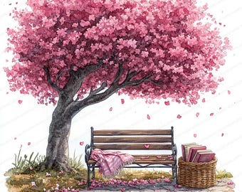 May include: Watercolor painting of a cherry blossom tree with a dark trunk and a full canopy of pink flowers. A wooden bench with a pink blanket sits beneath the tree, with a basket of books nearby. Petals fall on the ground.