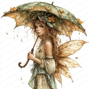 18 Imágenes prediseñadas de hada con paraguas de hoja de arce / Diseño de dibujos animados de bosque caprichoso / Imágenes prediseñadas de acuarela imprimibles / JPG de alta calidad / Manualidades de papel