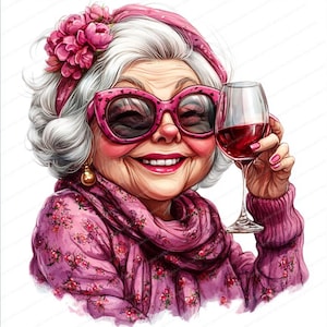 Donna anziana che beve vino rosso Nonna Clipart / 16 JPG di alta qualità / Download digitale / Artigianato di carta / diari spazzatura