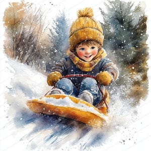 May include: A watercolour illustration depicts a child sledging down a snow-covered slope. The child is wearing a yellow bobble hat, scarf, and mittens. The sledge is light brown. The background shows snow-covered trees and falling snowflakes.