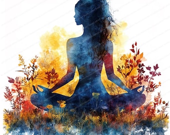 Conjunto de 14 imágenes prediseñadas de yoga 2 / Mujer meditando / Imágenes prediseñadas de acuarela imprimibles / JPG de alta calidad / Descarga digital / Manualidades de papel / Diarios basura