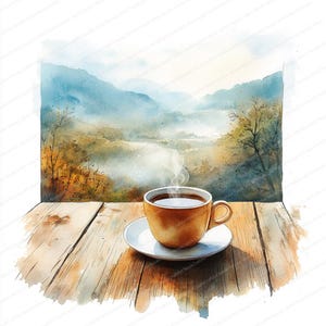 May include: Watercolor painting of a cup of coffee on a saucer, with steam rising, set on a wooden table. The background depicts a scenic view of mountains and a misty valley, creating a cozy, inviting atmosphere.