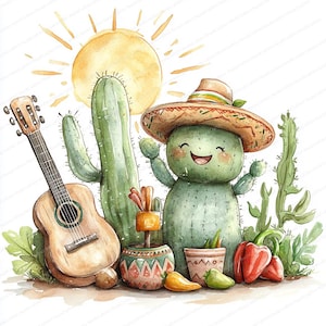 20 imágenes prediseñadas de sombrero de cactus / Ilustraciones de plantas mexicanas festivas / Imágenes prediseñadas de acuarela imprimibles / JPG de alta calidad / Manualidades de papel / Diario