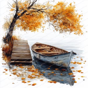 Könnte beinhalten: Aquarellmalerei einer ruhigen Herbstszene. Ein Holzboot schwimmt in der Nähe eines Holzstegs unter einem Baum mit goldenen Blättern. Gefallene Blätter bedecken das Wasser und spiegeln den Himmel und das Boot wider.