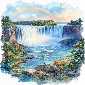 May include: Watercolour painting of Niagara Falls, featuring a rainbow in the sky. The waterfall's blue water contrasts with the rocky cliffs and green trees. A tranquil landscape scene, evoking a sense of peace and natural beauty.