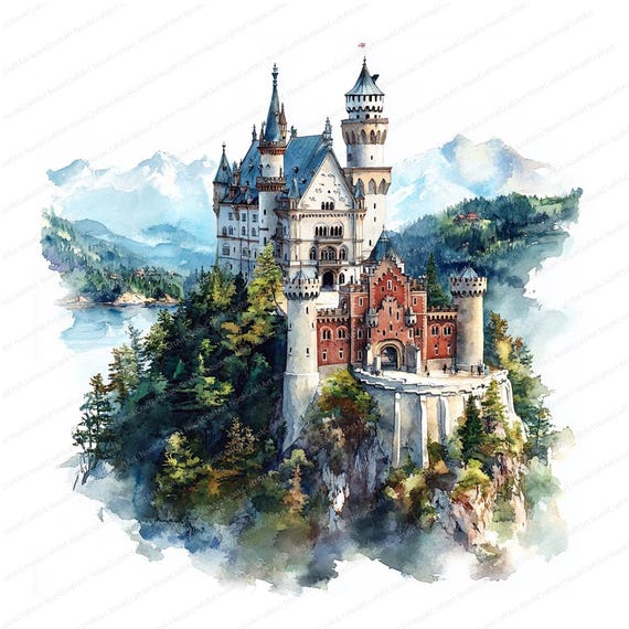 山の上の城のクリップアート 14 点 | 雄大な風景 | 印刷可能な水彩画