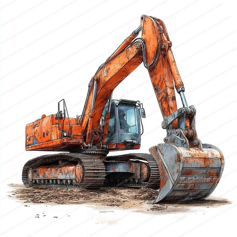 May include: A large orange and gray excavator with a long arm and a large bucket. The excavator is sitting on a dirt surface.