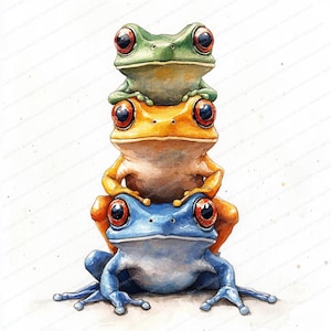 18 Frosch Stapel Clipart | Einzigartiges Frosch-Pyramide-Design | Druckbare Aquarell Clipart | Hochwertige JPGs | Papiermodell | Junk Journal