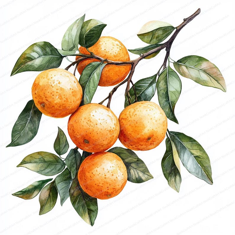 May include: A watercolor painting of a branch of a citrus tree with five oranges. The oranges are a vibrant orange color and the leaves are a deep green. The branch is painted in a realistic style.