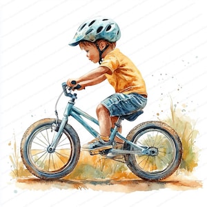18 imágenes prediseñadas de niños en bicicleta / Ilustración de casco de seguridad para niños / Imágenes prediseñadas de acuarela imprimibles / JPG de alta calidad / Manualidades de papel / Diario basura