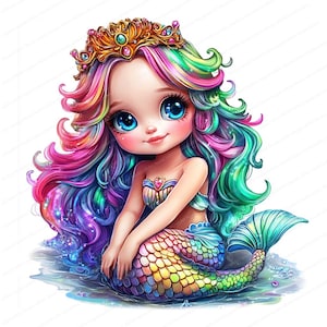 May include: A colorful mermaid with long, rainbow hair and a gold crown sits on a bed of shimmering water. Her tail is also rainbow colored and has a scale pattern.