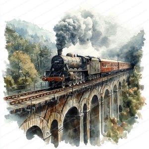 18 imágenes prediseñadas de tren de vapor antiguo / Cruce de puente panorámico por el desfiladero / Imágenes prediseñadas de acuarela imprimibles / JPG de alta calidad / Manualidades de papel / Diario
