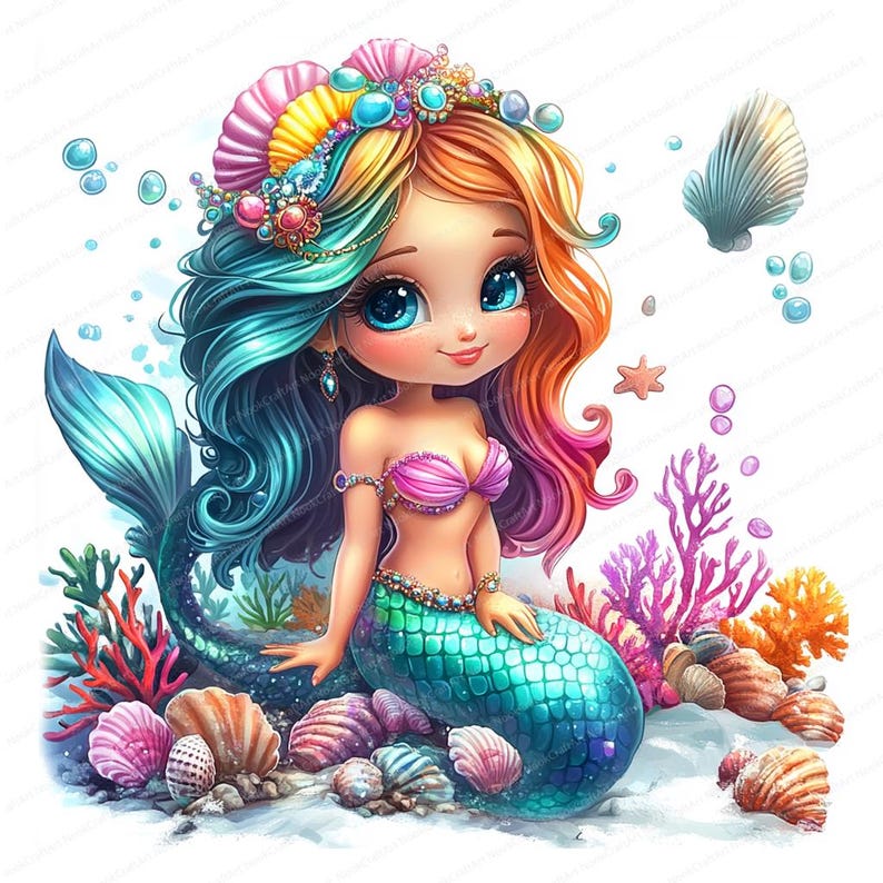 May include: A colorful mermaid with blue and rainbow hair, wearing a pink seashell bra and a gold crown, sits on a bed of seashells with coral and starfish.