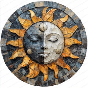 May include: A circular mosaic depicting a sun and moon. The sun has golden rays and a face with closed eyes, while the moon side is white and grey. The outer border is a mosaic of blue and grey tiles, creating a celestial theme.