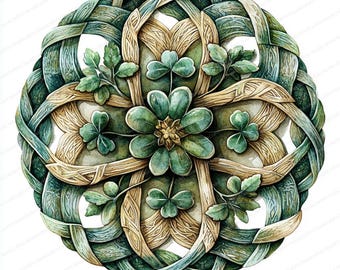 May include: A green and gold Celtic knot design with four-leaf clover accents. The knot is woven into a circular shape and is surrounded by green leaves.