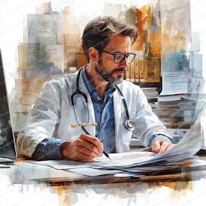 Può includere: Illustrazione ad acquerello di un medico in camice bianco, con occhiali e stetoscopio, che esamina documenti. Il medico scrive con una penna, circondato da pile di documenti e libri.