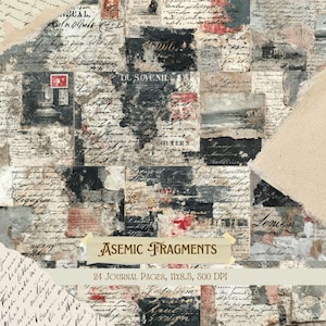 Puede incluir: Un collage de fragmentos de papel vintage con escritura a mano, sellos y bordes rasgados. El diseño presenta una mezcla de tonos neutros, incluyendo beige, negro y acentos rojos. El texto "ASEMIC FRAGMENTS" se muestra en una pancarta, con detalles sobre las páginas del diario.
