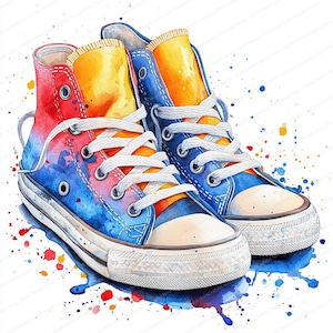 May include: Watercolor illustration of high-top sneakers. The shoes are a vibrant mix of red, blue, and yellow, with white laces and soles. Splatters of paint in various colors surround the shoes, creating a dynamic and artistic effect.
