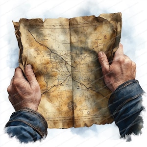 22 Clipart Mains Tenant Une Carte | Illustration d'aventure de voyage | Clipart aquarelle imprimable | JPG de haute qualité | Créations artisanales en papier | Journal indésirable