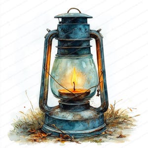 May include: A vintage blue oil lamp with a glass globe and a lit candle inside. The lamp is sitting on a bed of brown leaves and green grass.