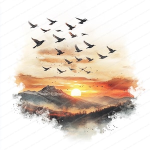 May include: Watercolor painting of a sunset over a mountain range, with a flock of birds in flight. The sky transitions from orange to yellow, with a bright sun. The birds are silhouetted against the sky.