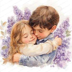 17 imágenes prediseñadas de abrazos románticos / Amantes entre arbustos de lilas / Imágenes prediseñadas de acuarela imprimibles / JPG de alta calidad / Manualidades de papel / Diario basura