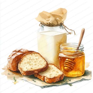 15 imágenes prediseñadas de leche y miel / Deliciosos productos lácteos y néctar / Imágenes prediseñadas de acuarela imprimibles / JPG de alta calidad / Manualidades de papel / Diario basura