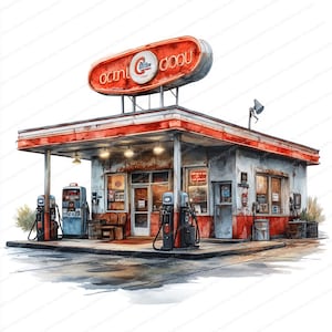 18 Vintage Gas Station Clipart | Retro Fuel Station Graphics | Printable Watercolor clipart | High Quality JPGs | Paper craft | Junk journal