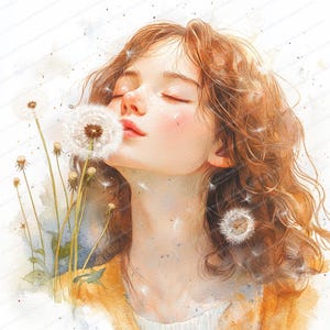 16 Clipart di ragazza che soffia un dente di leone / Illustrazione stravagante e sognante / Clipart di acquerello stampabile / JPG di alta qualità / Lavoretti di carta / diario