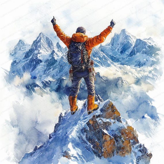 20 登山家のクリップアート | 山頂に立つ | 印刷可能な水彩画の
