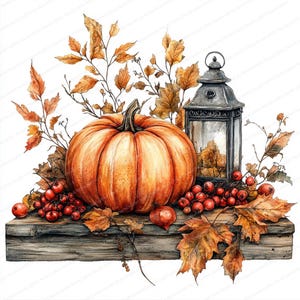 May include: Watercolor illustration of a fall harvest scene. An orange pumpkin sits on a wooden surface, surrounded by red berries, autumn leaves, and a decorative lantern. The artwork evokes a cozy, seasonal theme.