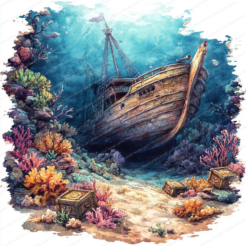 23 Sunken Treasure Ship Clipart | Underwater Adventure Graphics ...