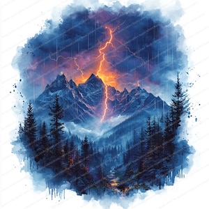 21 imágenes prediseñadas de tormentas eléctricas en las montañas / cielos oscuros y relámpagos / imágenes prediseñadas de acuarela imprimibles / archivos JPG de alta calidad / manualidades de papel / diario basura