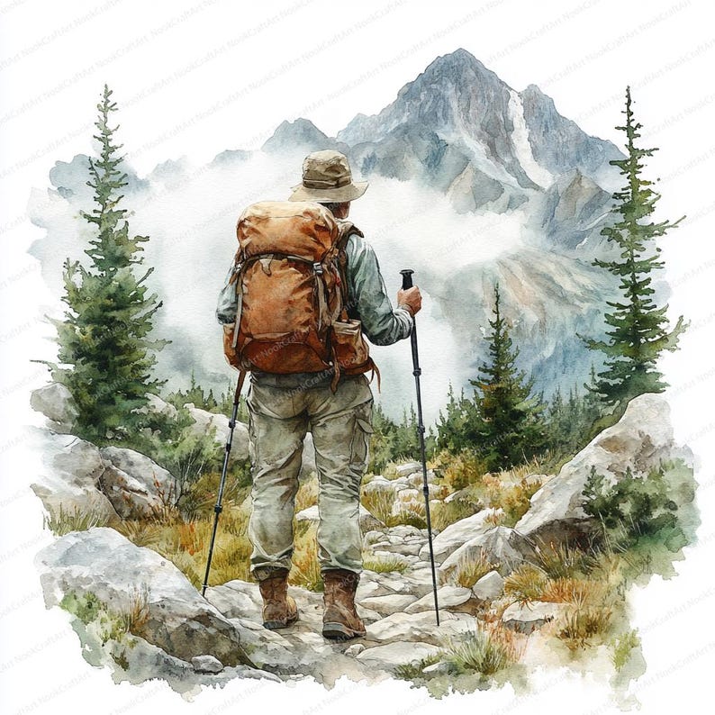 May include: Watercolor illustration of a hiker with a backpack and hiking poles, facing a mountain range. The hiker wears a hat, light-colored pants, and brown boots. The backpack is brown. The scene includes trees and a rocky path.