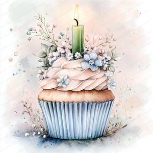 16 Shabby Chic Geburtstag Cupcake Clipart | Vintage Kuchen | Druckbare Aquarell Clipart | Hochwertige JPGs | Papiermodelle | Junk Journal