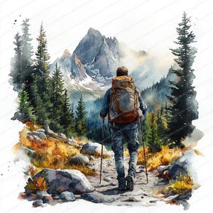 May include: Watercolor painting of a hiker with a backpack and trekking poles on a mountain trail. The hiker is walking towards a snow-capped mountain range. The scene includes green pine trees, rocks, and yellow and orange foliage.