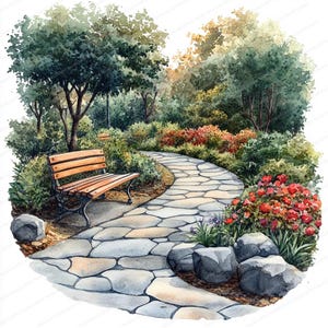 21 Winding Pathways Park Clipart | Cena de passarela de banco sereno | Clipart de aquarela para impressão | JPGs de alta qualidade | Artesanato em papel | diário