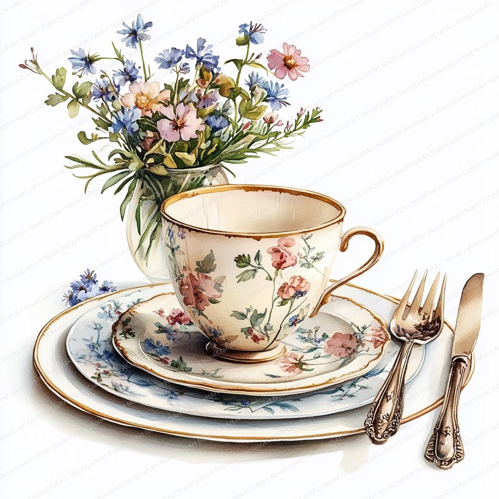 Tableware Graphics Picture 24 Vintage Tableware Clipart | Retro Crockery Graphics | Printable ...