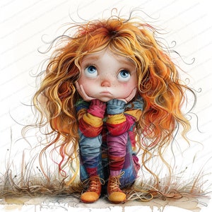 Puede incluir: Una ni&ntilde;a joven con el pelo largo y rizado rojo se sienta con la barbilla apoyada en las manos, mirando hacia arriba con una expresi&oacute;n pensativa. Lleva un su&eacute;ter a rayas de colores y botas marrones.