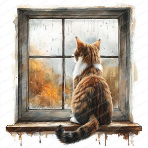 20 Katze beobachtet Regen Clipart | Gemütliche Fensterszene Illustration | Druckbare Aquarell Clipart | Hochwertige JPGs | Papiermodell | Zeitschrift