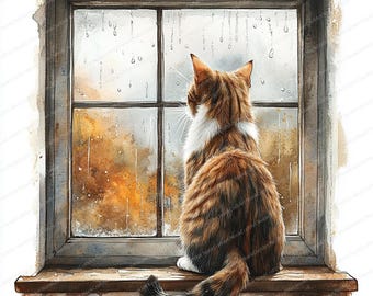 雨を眺める猫のクリップアート 20 枚 | 居心地の良い窓辺の風景