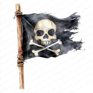 Puede incluir: Una bandera pirata negra con una calavera blanca y huesos cruzados. La bandera está desgarrada y rota, y la calavera está dibujada en un estilo de dibujos animados.
