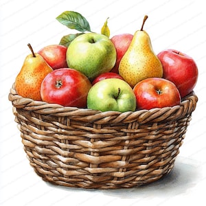 20 imágenes prediseñadas de cestas de frutas / Diseño vibrante de manzanas y peras / Imágenes prediseñadas de acuarela imprimibles / JPG de alta calidad / Manualidades de papel / Diario basura