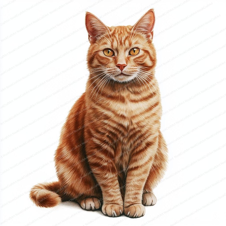 May include: A close-up of a ginger cat sitting with its tail curled around its legs. The cat has bright yellow eyes and a soft, orange and white coat.