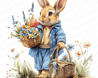 14 Spring Bunny Clipart / Lindo conejito con flores / Imágenes prediseñadas de acuarela imprimibles / JPGs de alta calidad / Descarga digital / Artesanía de papel