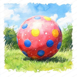 May include: Watercolor painting of a large, red ball with blue, yellow, and orange polka dots. The ball rests on green grass under a blue sky with white clouds. The artwork has a whimsical, playful feel.