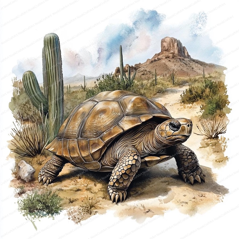 May include: A brown tortoise with a patterned shell walks through a desert landscape with cacti and a rocky mountain in the background.